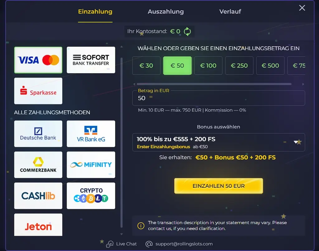 Übersicht der Zahlungsmethoden bei Rolling Slots Casino mit Skrill, Neteller, MiFinity, MuchBetter und USDT TRC-20 als Alternativen zu TWINT