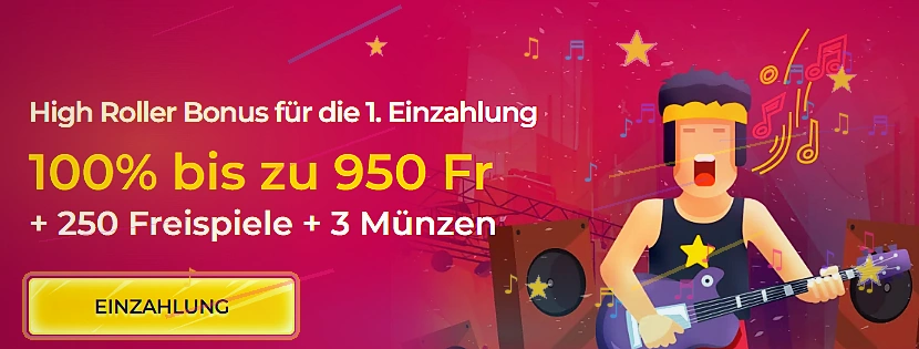 Startseite von Rolling Slots Casino mit Banner des Willkommenspakets bis zu 2'905 Fr. + 500 Freispiele