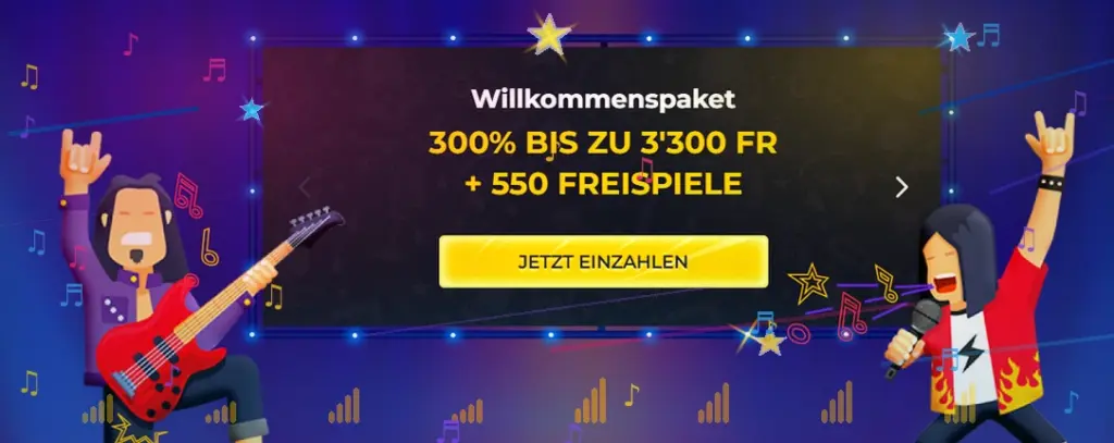 Startseite von Rolling Slots Casino mit Rockfestival-Branding und Willkommenspaket-Banner